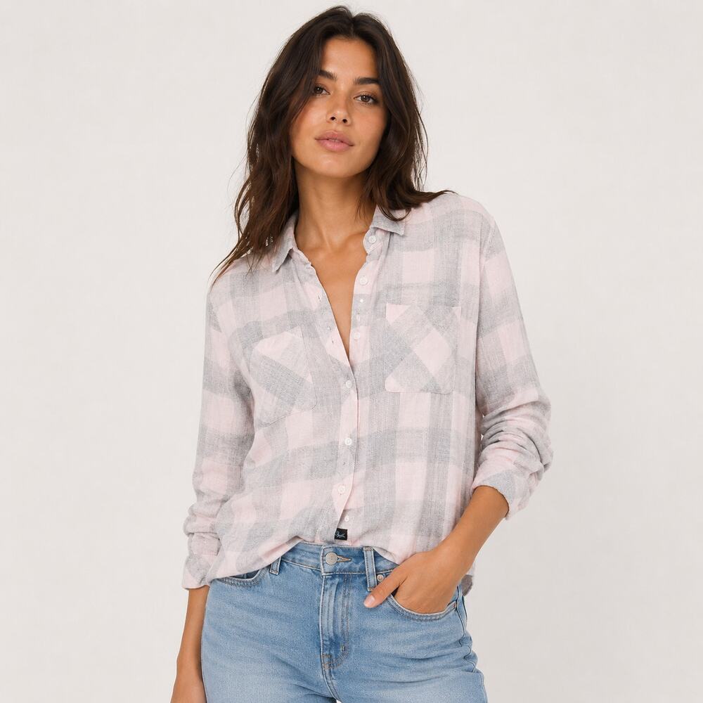 Rails Button up Flannel Blouse Crop Gray Pink Plaid Size Small